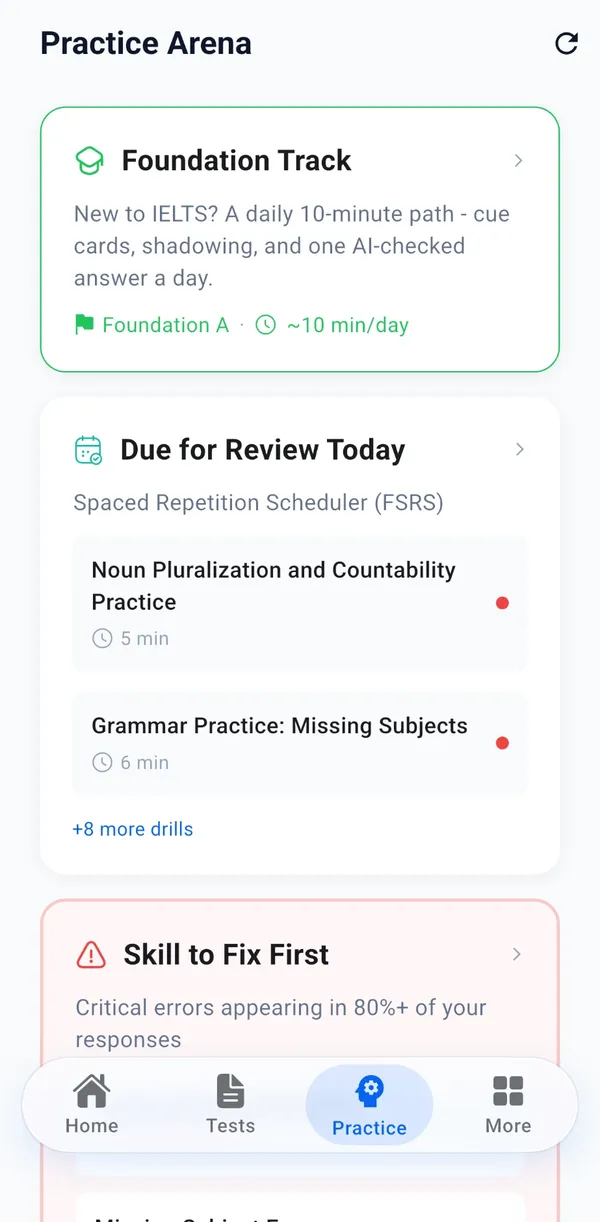 Practice Arena in the app: the Foundation Track, the reviews due today and the skill to fix first