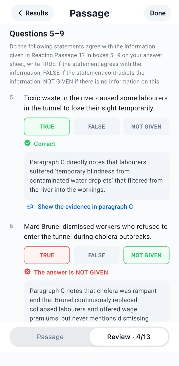 Reading review in the app: True, False, Not Given questions with the right answer, the reason from the passage and Show the evidence in paragraph C