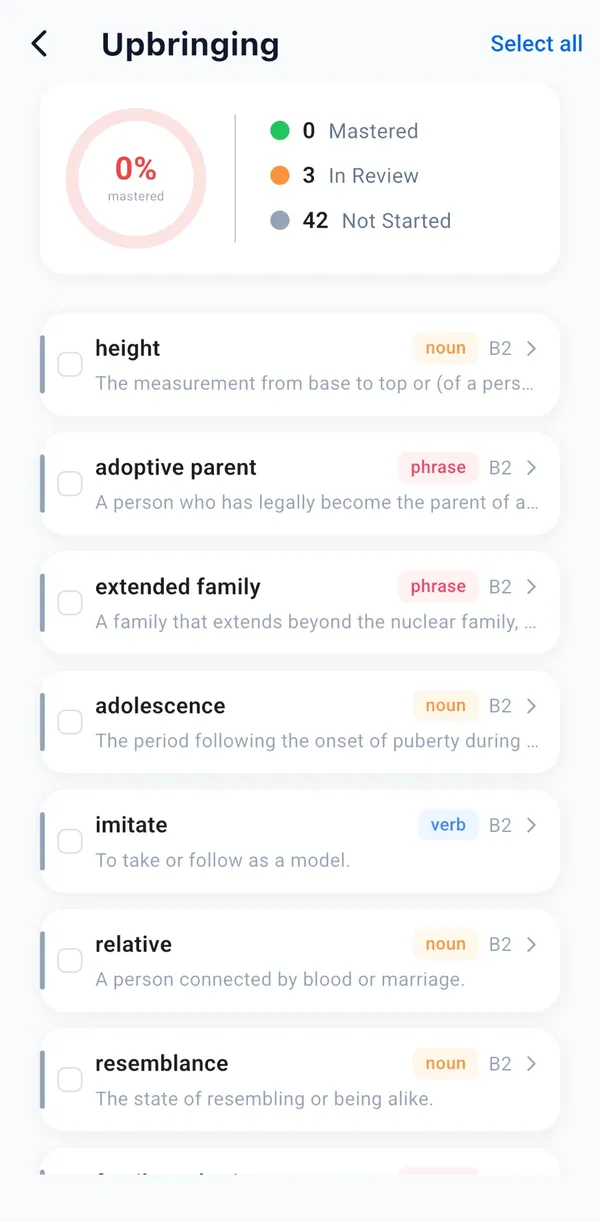 A vocabulary topic in the app, Upbringing: words mastered, in review and not started, each word with its part of speech, CEFR level and meaning