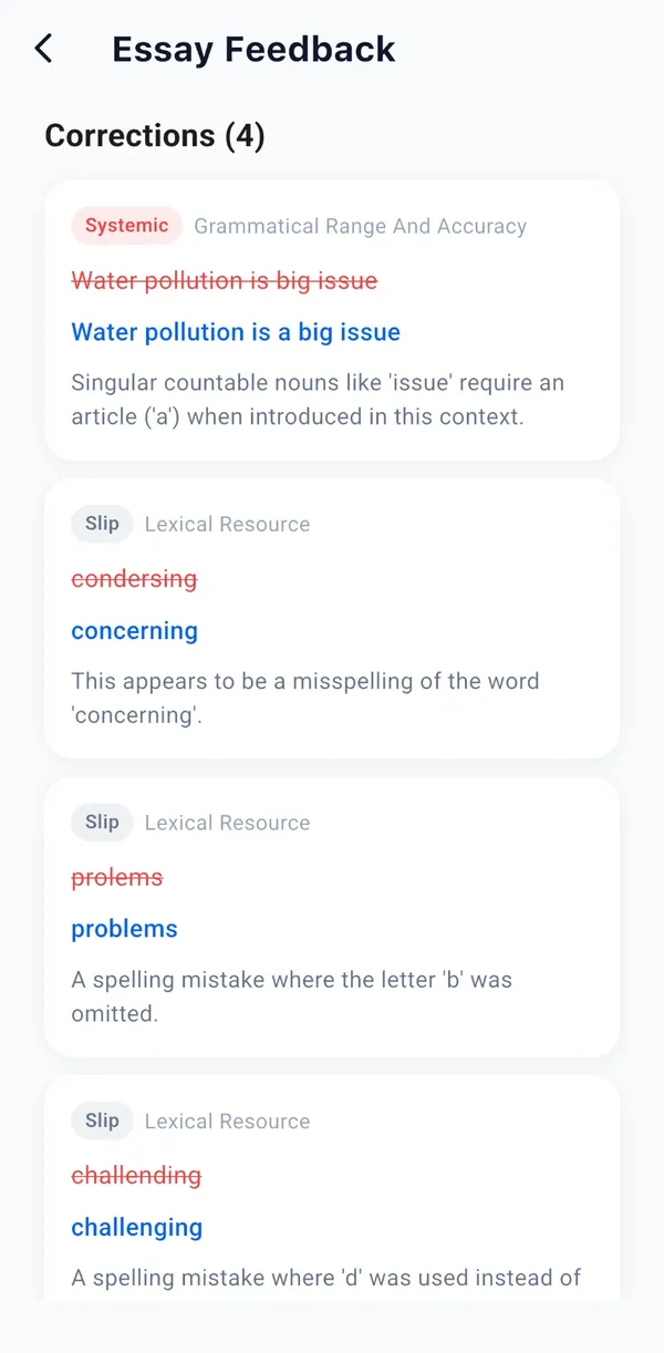 Writing corrections in the app: a systemic grammar error and three spelling slips, each with the corrected form, the criterion and the reason