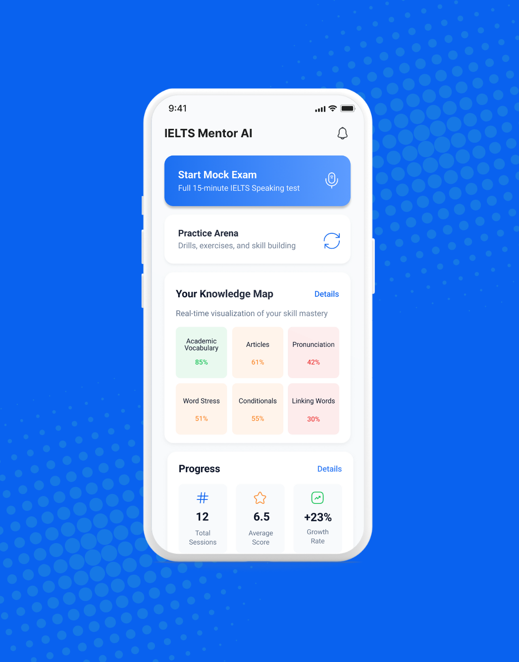 IELTS Mentor AI phone mockup on blue background